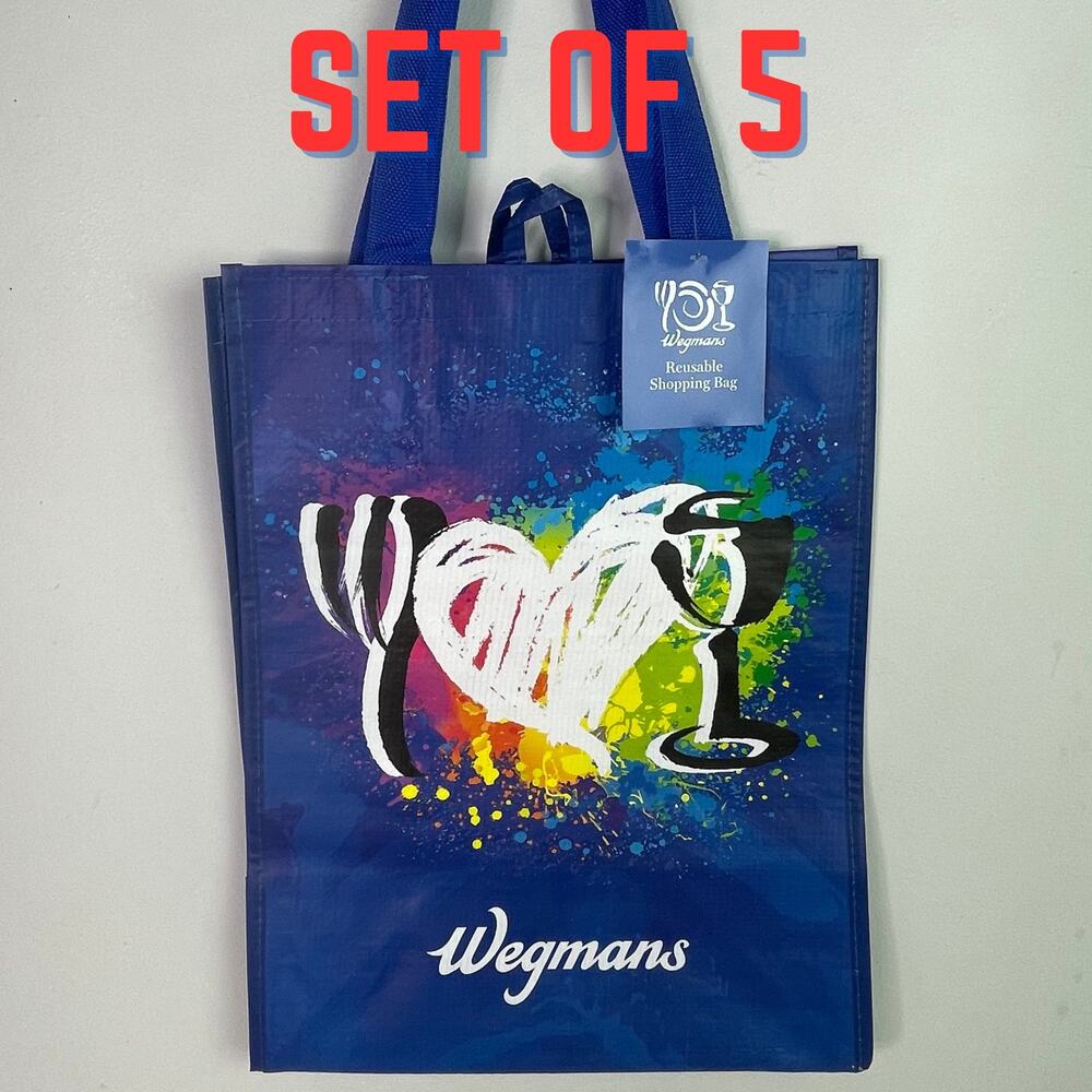 Set of 5 — Wegmans Blue Rainbow Heart Reusable Grocery Tote Bag w/ Liner NWT NEW